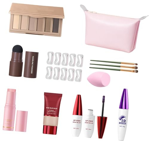 6-Farben Lidschatten Paletten Set mit Farbtönen, Lipgloss, Augenbrauenpuder und kompletten Make up Werkzeugen für den professionellen täglichen Gebrauch, Augenbrauenpuder mit PVC Schablone