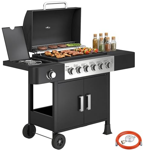 Outsunny Gasgrill 17,8 KW 6+1 Brenner BBQ Grillwagen aus Edelstahl inkl Rolle Seitenbrenner Thermometer Emaille-Grillrost Warmhalterost Seitentisch Unterschrank, Gas-Grill für Balkon BBQ Party