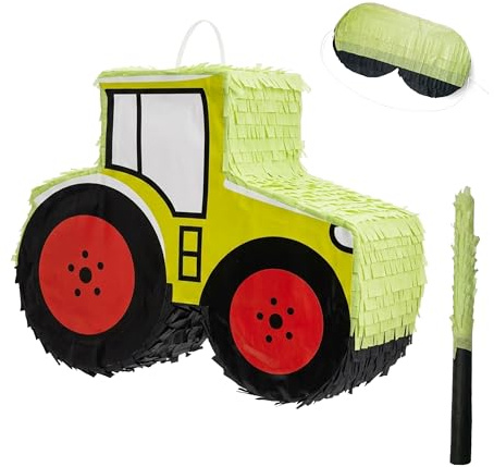 Relaxdays Pinata Set, 3 delar, traktor, för upphängning, barn, flickor och pojkar, stav & mask, fordonspinata, ljusgrön/röd
