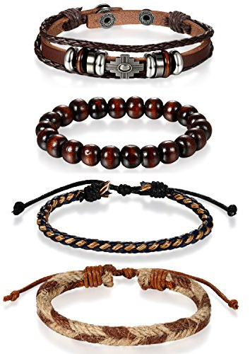 Flongo 4 Stück Leder Holz Armband Armreif Lederarmband Kordelkette Seil Schwarz Braun Mehrfarbig Geflochten Surfer Wickeln Motorradfahrer Verstellbar Einstellbar Herren,Damen