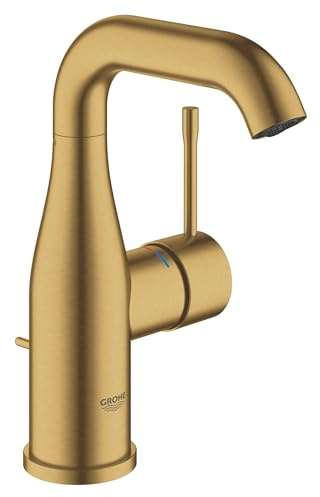 GROHE Essence, Waschtischarmatur, wassersparend (Wasserhahn für das Bad, mit Zugstangen-Ablauf, 19cm hoch, langlebige Oberfläche, einfache Installation am Waschbecken), gold, 23462GN1