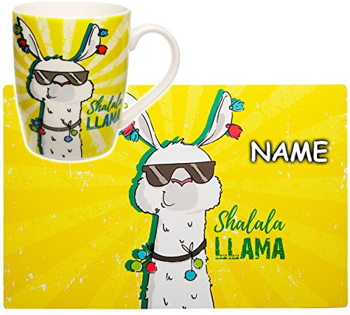 alles-meine.de GmbH 2 TLG. Set Henkeltasse/Kaffeetasse + Platzdeckchen - lustiges Lama/Alpaka - Shalalala Llama - inkl. Name - groß - 330 ml - Porzellan/Keramik - UNT..