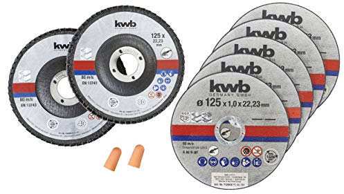 kwb 712052 Dünn Diamant Winkelschleifer f. Edel-Stahl Inox in Aufbewahrungs-Dose inkl. Ohrstöpsel ABM, Trennscheiben plus Schleifscheiben, Ø 125 mm