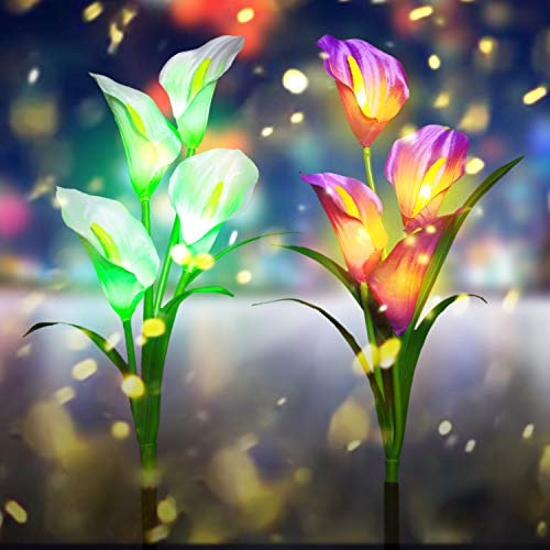 Lampes solaires d'extérieur LED à énergie solaire pour piquet de jardin avec 8 fleurs de lys de calla Multicolore changeantes pour jardin, terrasse Miziyii (2 lots de 2)