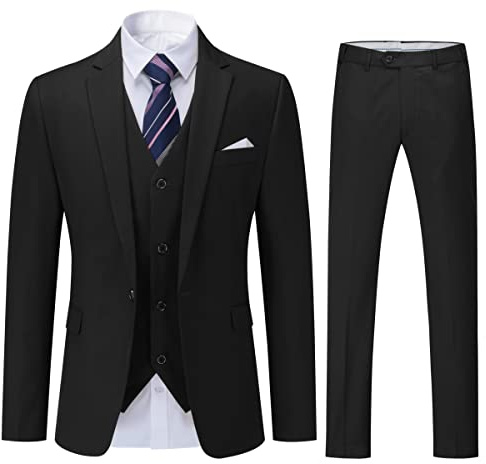 YOUTHUP Herr 3-delad kostym formell business slim fit kostym 1 knapp solid blazer väst byxor, Svart, XS