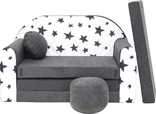 BDW Schlafsofa für Kinder mit Sitzhocker/Kissen, Coton, GRAU 168 x 98 x 60 cm