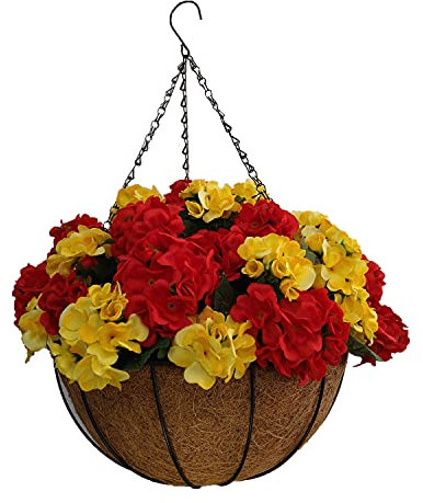 DIY Künstliche gelbe rote Begonie Zweifarbige Blumen Kette Hängekorb Blumentopf für Haus und Außenbereich Dekoration (mittelgroßer Korb)