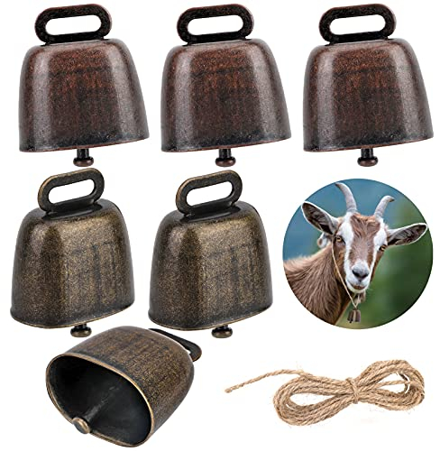 6 Stück Vintage Mini Kuhglocke Ziegenglocke, Bauernhoftiere Schaf Kuh Pferd Haustier Halsband Metall Hängend Dekoration, Tierglocke Anti-Lost Bells DIY Glocken, Mit 2 Meter Seil zum Dekorieren