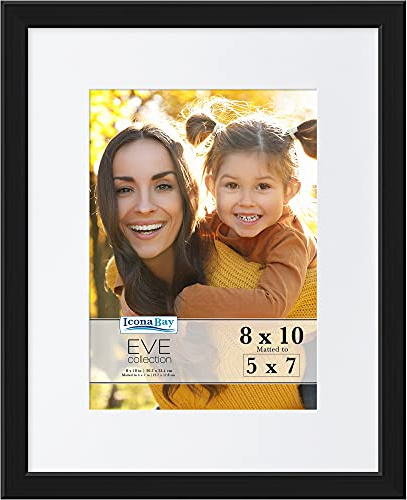 Icona Bay 10x8 Black Picture Frame w/Removable Mat to 7x5, Modern Double-Bevelled Frame, Tabletop or Wall Mount, Eve Collection