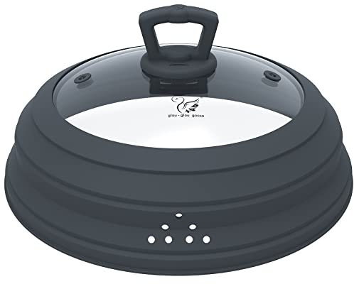 Microwave Splatter Cover Vented Glass Splatter Guard Lid with Collapsible Silicone for Food as Pot Cover Plate 10.8 inch for 6 7 8 9 10 inch Plate Bowl
