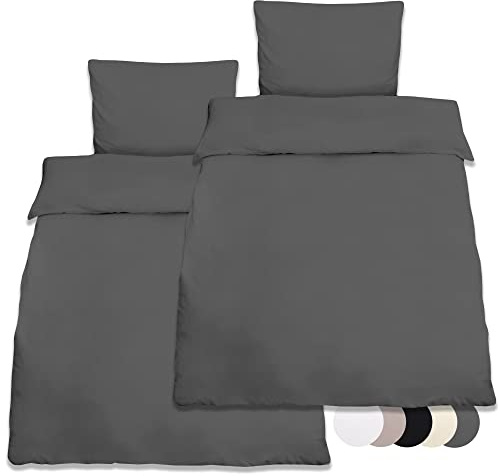 Beautissu 2er Set Renforcé Bettwäsche Set aus Baumwolle mit 2X Bettbezug | 135x200cm Kissenbezug 80x80cm Anthrazit 4teilige kühlende Sommerbettwäsche mit 2x Kopfkissenbezug Renforce 135x200 Julie