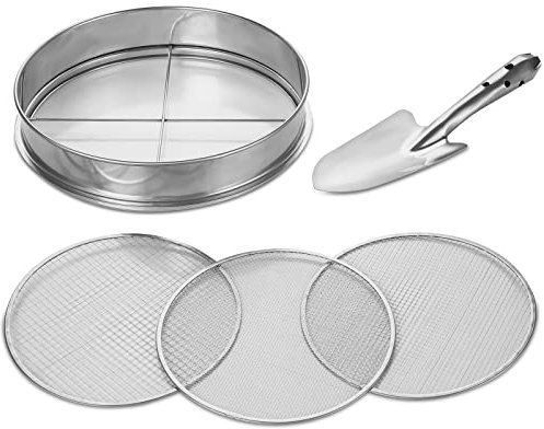 Johgee 3 in 1 Gartensieb aus Edelstahl Witterungsbeständig Sieb, mit 3 austauschbare Siebeinsätze Ø 3,6,9 mm + 26cm lang Handspaten für Erde Steine Kompost Sand usw. 30 cm rund rostgeschützt