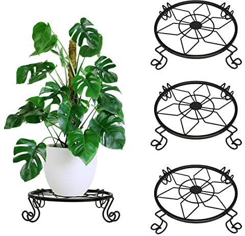 ANGELIOX Metal Plant Stands 3 Pack Heavy Duty Flower Stand Outdoor Rustproof Iron Garden Container Holder Round Plant Pot Supports Rack Indoor Balcony Decor (23cm)