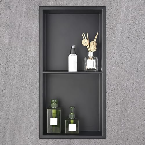 HANFU Nicho de Ducha, Estante de Ducha Empotrado de Acero Inoxidable, Estantes de Baño Nicho de Doble Capa 60x30x10cm, Nicho Almacenamiento de Baño para Gel Ducha Champú ArtíCulos Tocador, Negro