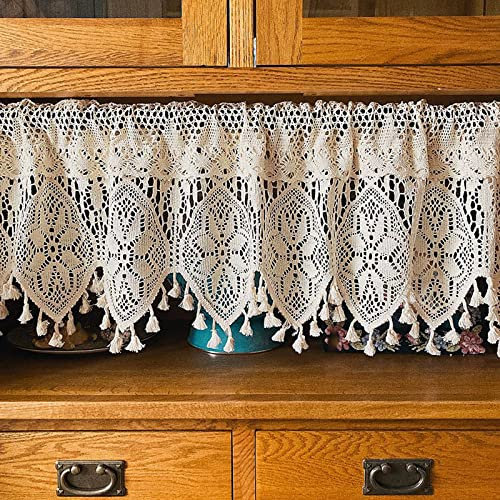 Kurzstore Gardine, Transparenter Häkeln Scheibengardine Durchstangenzug mit Quaste Panneaux Fenstervorhang Landhausstil Baumwolle Bistrogardinen Café Bistro Restourant, 1 Stück-90x38cm(35x15in)