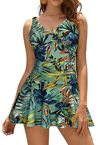 SHEKINI Femme Rétro rembourré Maillot de Bain Une Pièce Robe Ruched Bikini Robe de Plage Abdominal Contrôle Amincissante Sport Jupette Beachwear Eté Mode (XL, Vert - Feuilles)