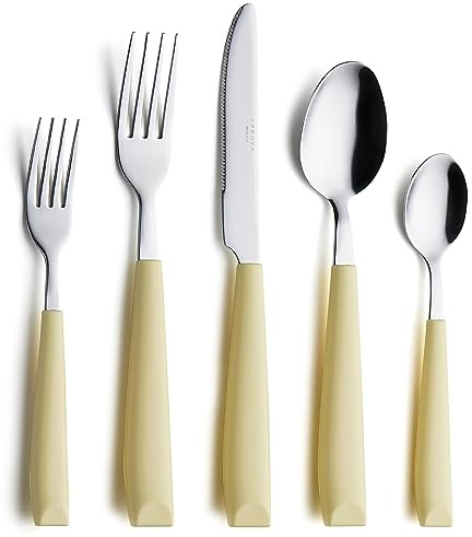 Annova 20-teiliges Edelstahl-Besteck-Set – farbige Griffe – 4 x Menuegabeln, 4 x Salatgabeln, 4 x Menümesser, 4 x Esslöffel, 4 x Teelöffel – Service für 4 (Gelb)