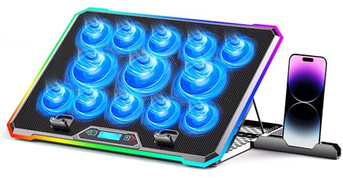 Gaming Laptop Cooler with 13 Ultra Quiet Fans, LCD Screen and Multi Color RGB - 10 Lighting Modes, 9 Adjustable Heights, Dual USB Ports, Built in Phone Holder for 15 to 21 Inch Laptops on Desk or Lap