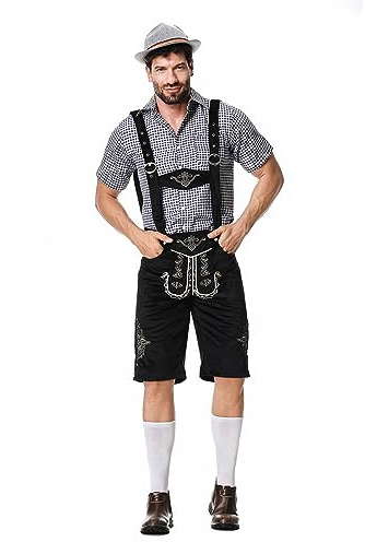 Oktoberfest Herren Outfit Herren Deutsch Bayern Oktoberfest Kostüm Set mit Abnehmbarem Lätzchenträger Kariertes Trachtenhemd, Lederhose mit Trägern und Bayerischen Filzhüte Trachten Set
