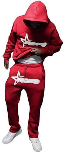 NOFS Men's Y2K Hoodie & Jogging Bottoms Set, Hooded Jumper & Joggers, Running Suit, Gym Warm Streetwear, Red, M