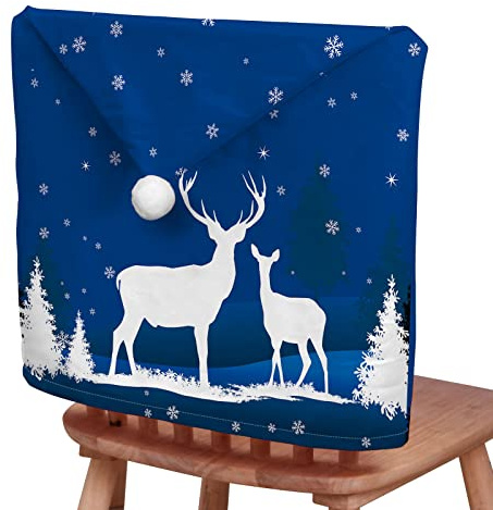 Morbuy Weihnachtsdeko Stuhlhussen, Stuhlrückenbezug Stuhlhussen Hussen Abnehmbarer Waschbarer Stuhlbezug für Bankett Restaurant Neujahr Weihnachten (4er Set,Elch-Blau)