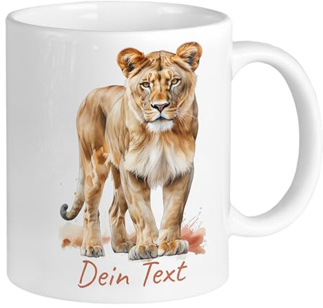 GRAZDesign Tasse Löwe mit Name personalisiert, Safari Löwin Kaffeebecher für Kinder und Erwachsene, Keramik 330ml