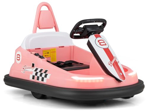 COSTWAY Electric Kids Bumper Car, 360-Degree Rotation Spin Children’s Waltzer Cars with Steering Wheel, LED Lights, Music, USB/AUX/TF, 6V Ride on Toy for Boys Girls (Pink)