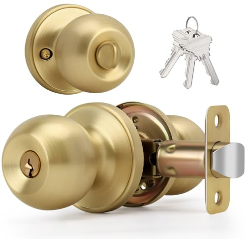 LOQRON Brushed Gold Ball Design Door Knob with Keys and Lock, Keyed Entry Round Shaped Doorknob for Front/Entrance Doors, Satin Brass Finish