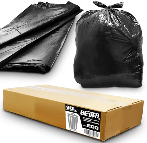 RE-GEN 200er-Pack | 1 volle Box | 90 l, 10 kg Traglast, robuste schwarze Müllsäcke, Müllsäcke für den täglichen Gebrauch, industrielle Stärke, hochwertige Müllsäcke, 457/725 x 975 mm