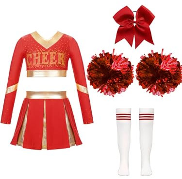Miutii Mädchen Cheer Leader Kostüm Cheerleading Uniform Crop Tops mit Rock Pompoms Socken Halloween Karneval Fasching Bühnenkostüm Tanzkleid Aa Rot 146-152