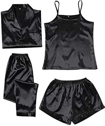 Pyjama pour femme, 4 pièces, en satin, sexy, pour la maison, estival, pour filles, en soie, à manches courtes, de nuit, avec boutons, t-shirt + débardeur + pantalon large + short, Noir , M