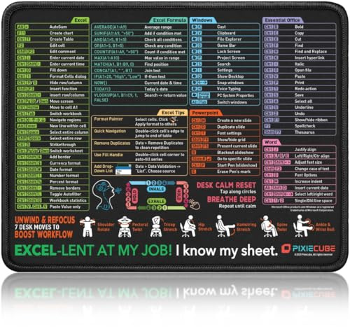 Pixiecube Excel Shortcut Mouse Pad with Windows, Word & PowerPoint Shortcuts - Small Excel Cheat Sheet Desk Pad | Non-Slip Stitched Gaming Mousepad | Large Mouse Pads for Desk Computers & Workstations