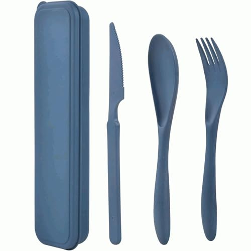 CHEFZOCO Juego de cubiertos de plástico, Cubiertos de viaje, Juego de cubiertos Reutilizables, Set de cubiertos de viaje, Tamaño estuche 20 cm, Incluye tenedor, cuchillo y cuchara, Plástico, Azul