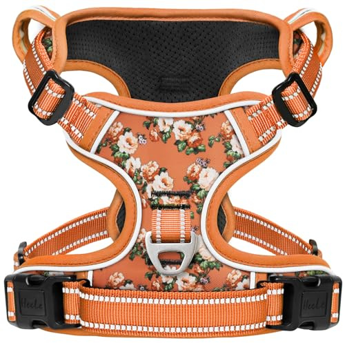 HEELE Hundegeschirr, Hundegeschirre mittelgroße Hunde mit Griff reflektierendes Hundegeschirr gepolstertes Brustgeschirr No Pull Geschirr Hund Verstellbar, Blume-Orange, L