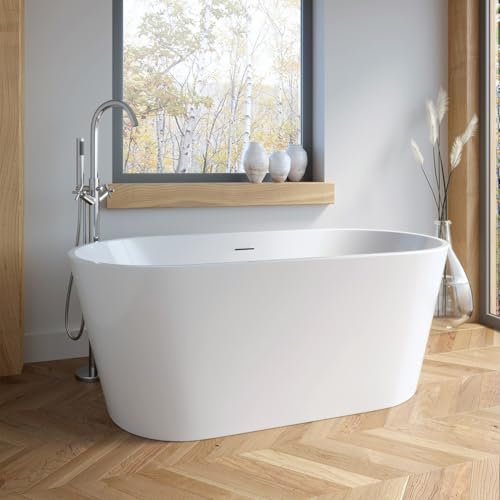 BAYSTONE® 1500 x 750mm Freestanding Double Ended Bath Tub White Gloss Acrylic Luxury Curved for Bathroom Modern Includes Waste