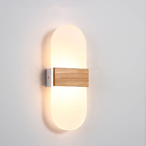 LIGKIN Innenwandleuchte LED, Wandleuchte Holz Oval 6W Wandlampe Moderne Wandleuchte Warmes Licht Acrylbeleuchtung Nachtlicht für Schlafzimmer Kinder Flur