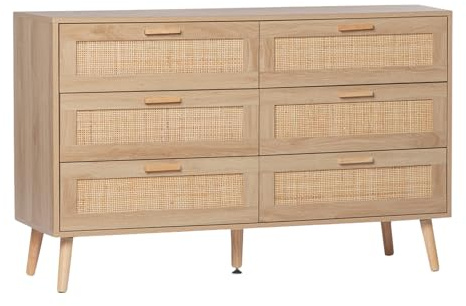 KLAST CómOda de 6 Cajones en Madera Blanca y Ratán Natural, Ideal para un Dormitorio Acogedor y Organizado.