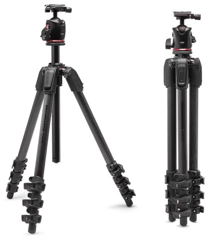 Manfrotto 055XPRO AS - Treppiede per fotocamera in fibra di carbonio a 4 sezioni, kit fotografico con testa a sfera XPRO, colonna di 90 gradi, carico 15 kg, piastra Arca-Swiss, per DSLR/Mirrorless