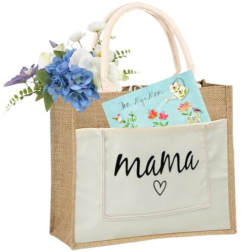 Geschenktüte Muttertag, Geschenk Muttertag, Jutebeutel Geschenke für Mama, mit Herzförmigen Jute-Einkaufstütengeschenke zum Muttertag, Jutetasche für Mutter zum Geburtstag