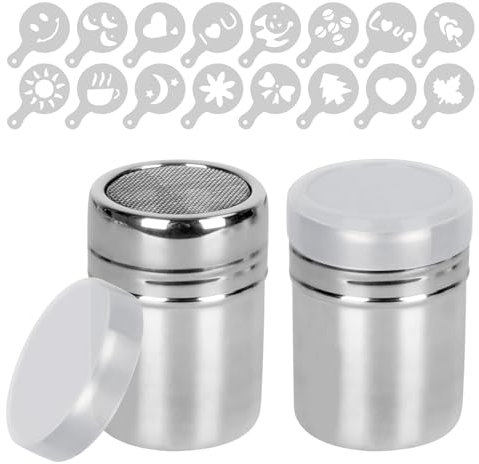 Set de 2 espolvoreadores de azúcar glas y cacao con 16 plantillas. Con tapa, ideal para decorar café, pasteles, cocina y repostería. Práctico, fácil de usar, perfecto para el hogar y restaurante.