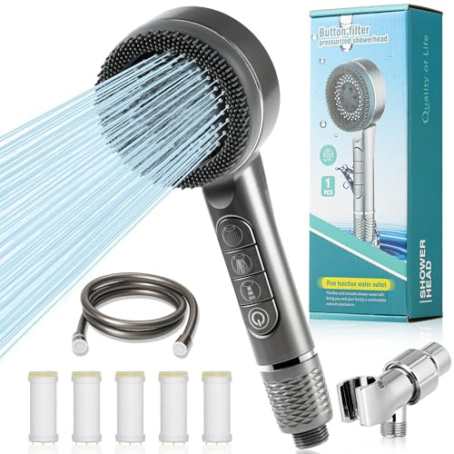 Duschkopf mit Filter, Hochdruck Handbrause mit 1,5 M Schlauch, 3+1 Strahlarten Hochdruck Handbrause mit Stoppfunktion, Shower Head für Entfernen vom harten Wasser und Rest-Chlor