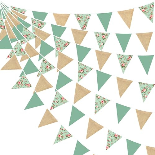 32Ft Ghirlanda di bandierine in iuta floreale verde salvia vintage iuta fiori selvatici verde banner rumoroso decorazione per festa della mamma compleanno rustico matrimonio gusto campeggio
