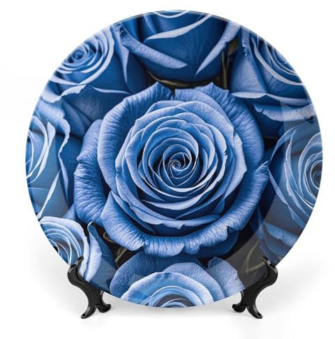 Grandes assiettes décoratives en porcelaine anglaise de 15,2 cm avec support de présentation pour cuisine, salle à manger - Motif fleurs bleues