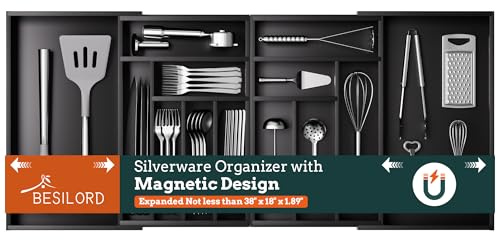 Silverware Organizer Large, Magnetic Connected Expandable 13 Slots Silverware Drawer Organizer From 21 to 37.4 Inches, Adjustable Flatware and Cutlery Holder, Bamboo Utensil Tray for Kitchen Black