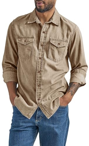 Chemise à manches longues en jean pour homme - Chemise de cowboy - Chemise de loisirs - Chemise de travail - Coupe droite - Vintage - Printemps été - Décontractée - Chemise de travail légère, kaki, L