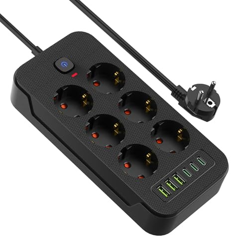 Steckdosenleiste mit Schalter, AOUOO 6 Fach Mehrfachstecker mit Verlängerungskabel 2M, 3USB/3Type-c (5V/3.1A), Max. 250 V / 16A, Steckdosenleiste Überspannungsschutz 3840W/16A für zu Hause, Schwarz