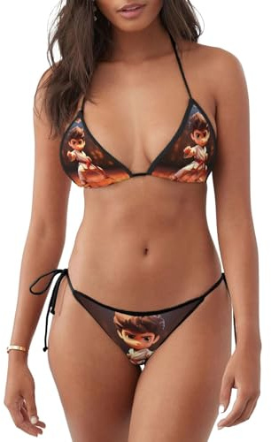 YYHWHJDE Women's 2 Piece Bikini Swimsuit Cartoon Karate Picture Triangle Bathing Suits, Black, Small