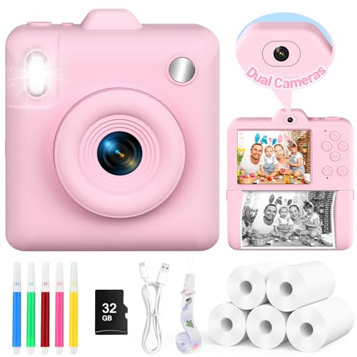 Kids Camera for Instant Print - Front & Rear Cameras 1080P HD Digital 2.4'' Camera with 32GB Card & 5 Rolls Photo Paper, Christmas Birthday Toys Gifts for 3-12 Years Old Boys Girls