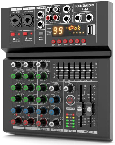 Audio Mixer, Professional DJ Mixer Sound Board 99 DSP Effect, 7-Band EQ, 4 Channel Digital Mixer USB Bluetooth MP3 Input,48V Phantom Power DJ Controller Mixing Console for PC Studio Karaoke