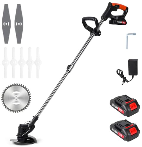 Tagliaerba elettrico da 21 V, decespugliatore senza fili con 2 batterie da 2000 mAh e caricabatterie, decespugliatore 3 in 1, tagliabordi, tosaerba, 3 tipi di lame, per giardino, cortile, prato (nero)